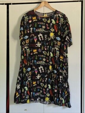 Urlazh Silk Black Short Sleeve Printed Tiered Dress with Colorful Doodles